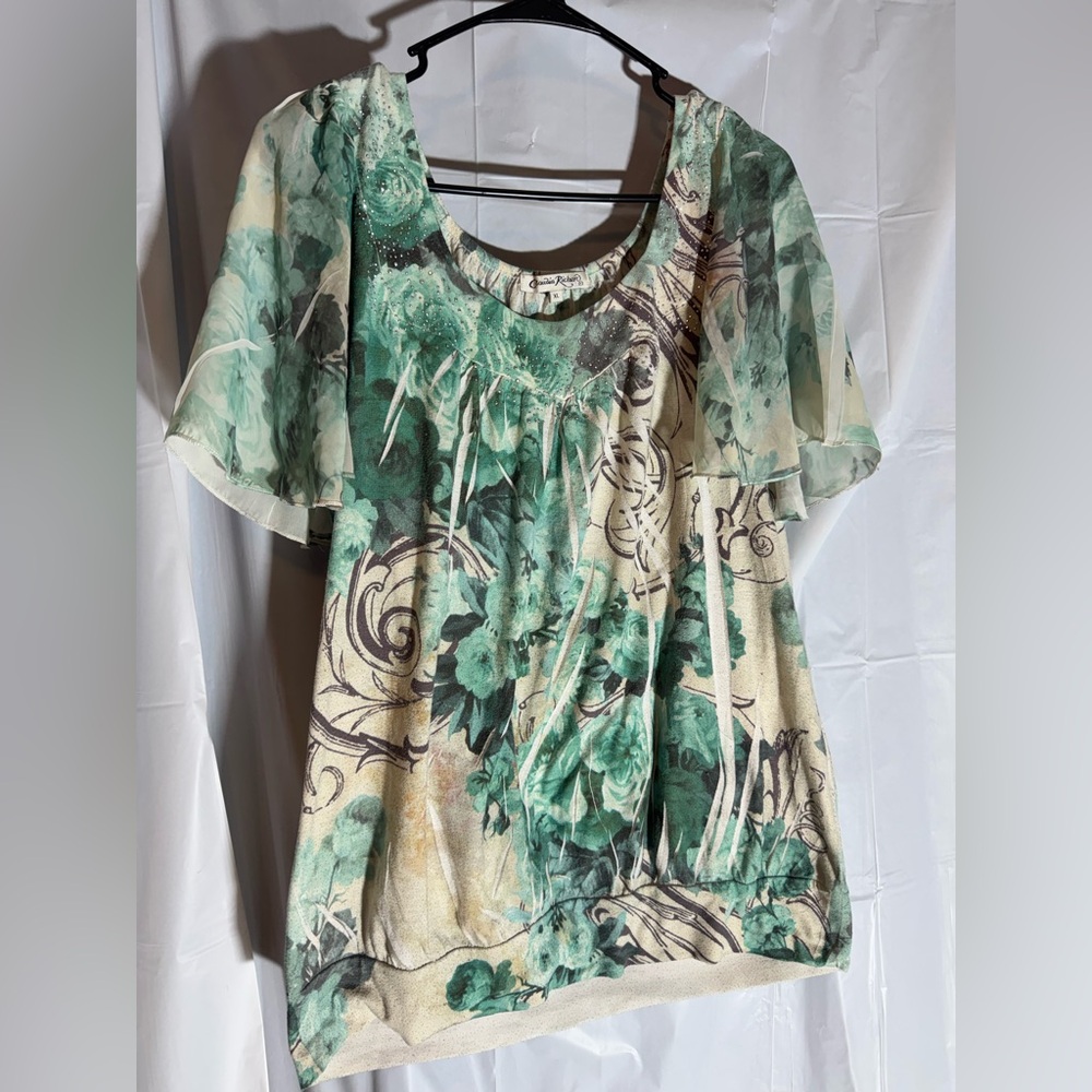 Claudia Richard Green and Cream Floral Blouse W/ Rhinestones